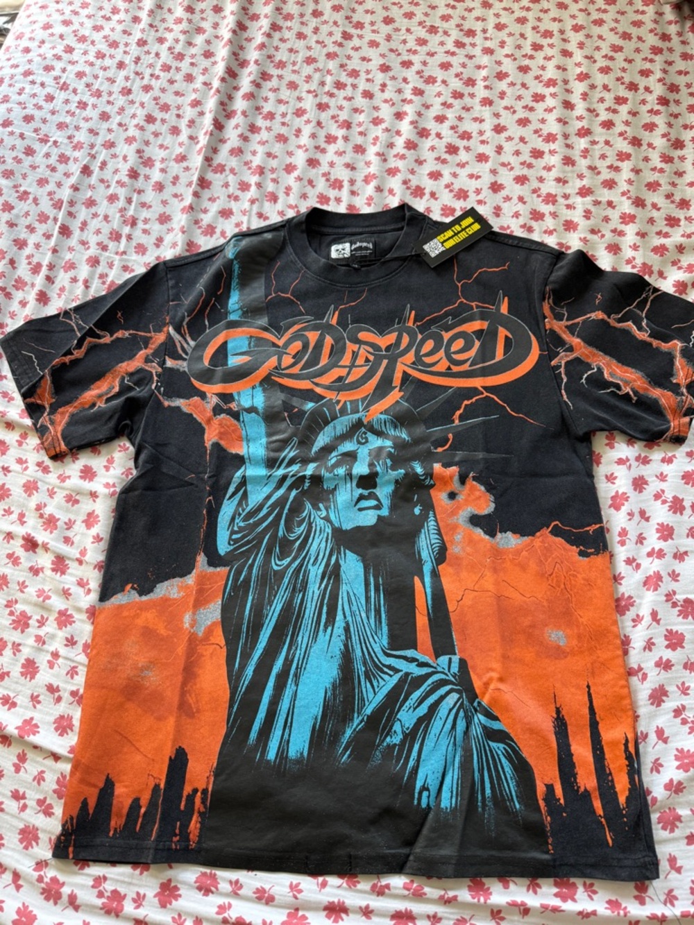 Godspeed - Orange Voltage Statue Graphic Tee - Black with Orange & Teal